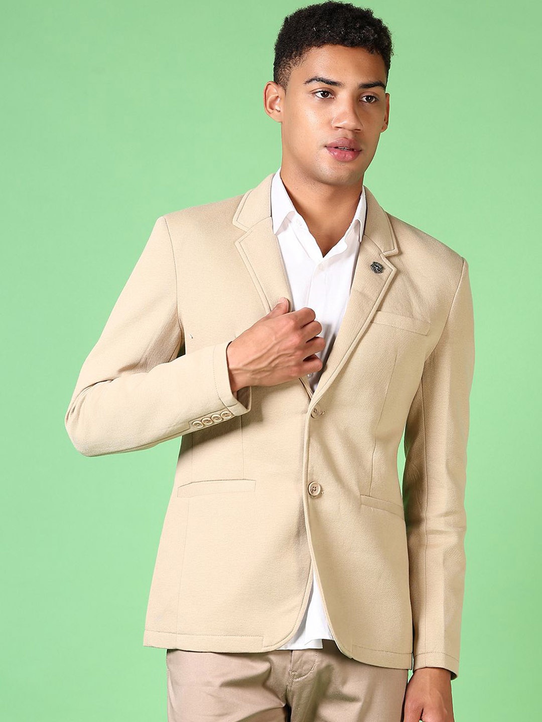 

V-Mart Cotton Notched Lapel Single Breasted Formal Blazer, Beige