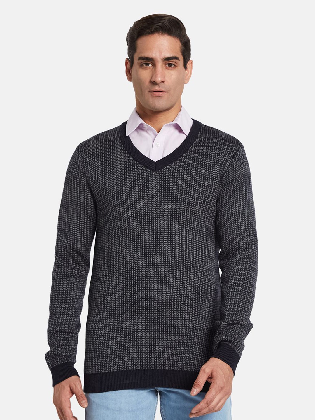 

METTLE Men Striped Pullover, Navy blue