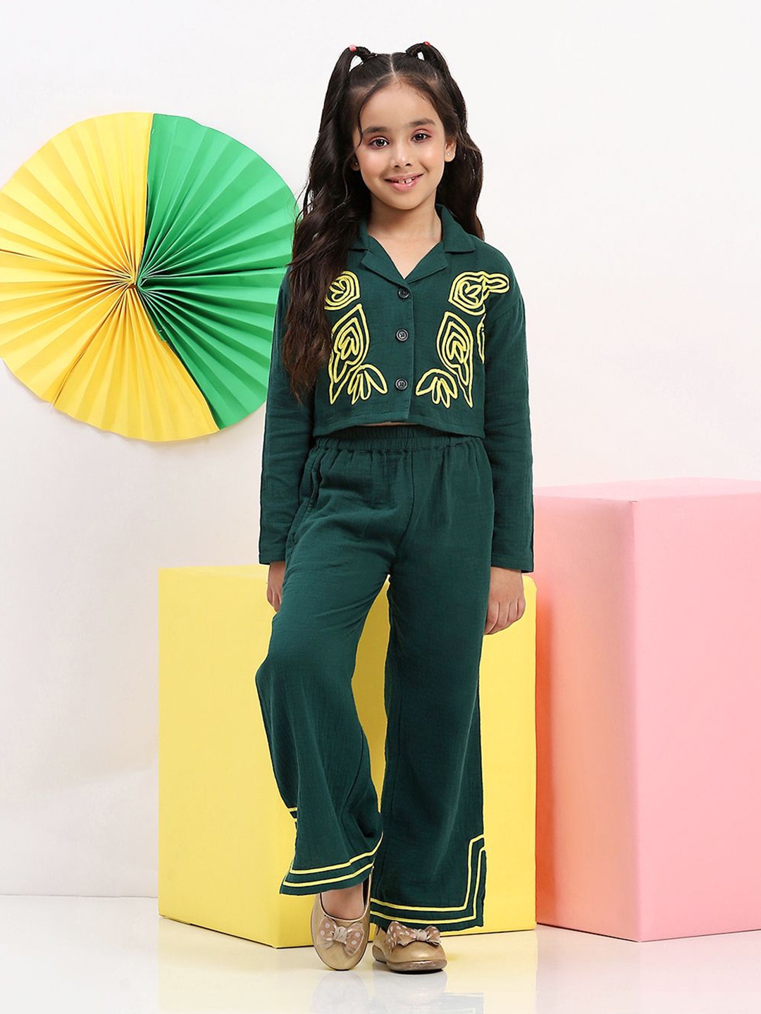

SPUNKIES Girls Embroidered Pure Cotton Shirt & Palazzos, Green