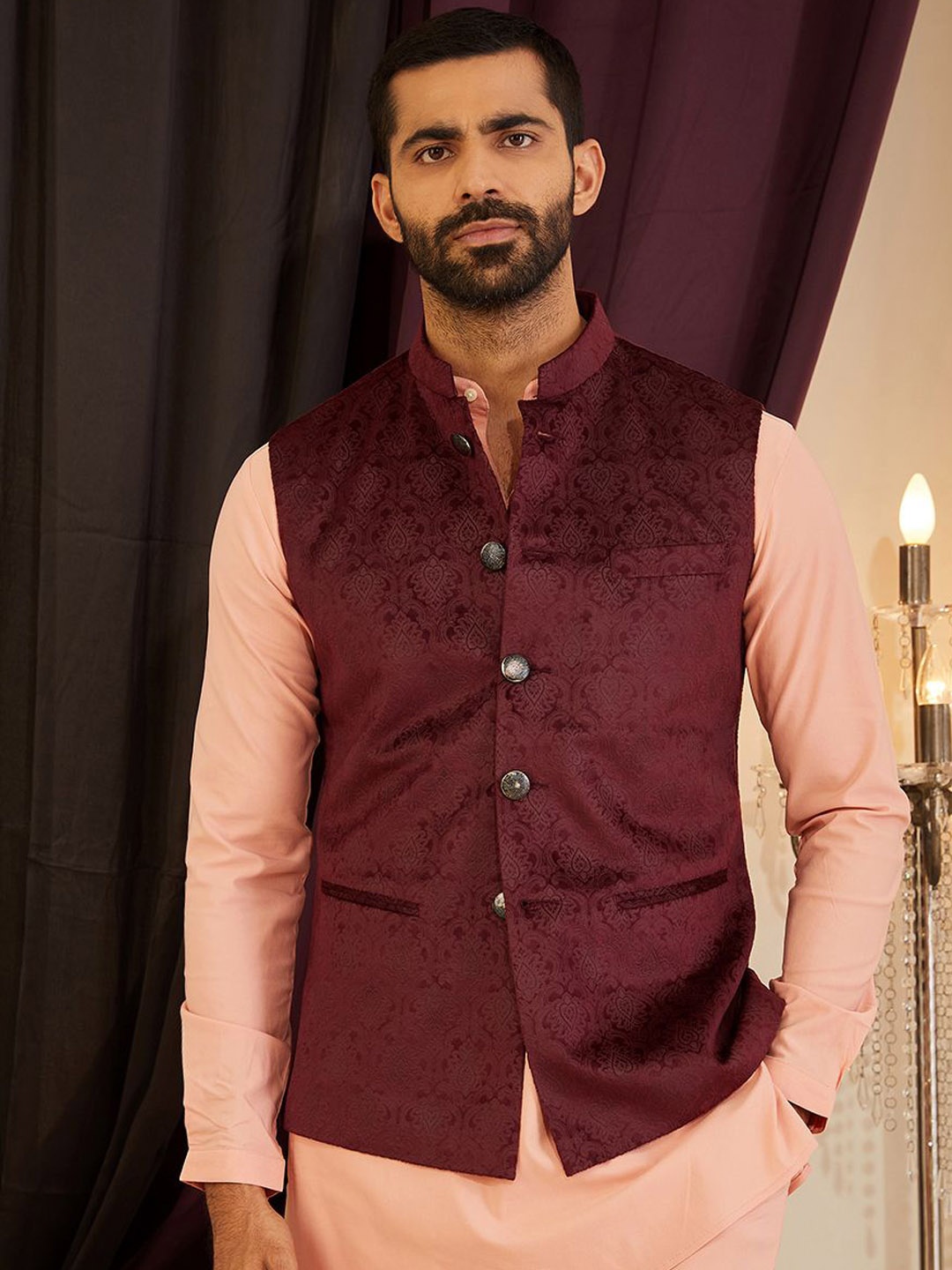 

MR BUTTON Mandarin Collar Nehru Jackets, Maroon