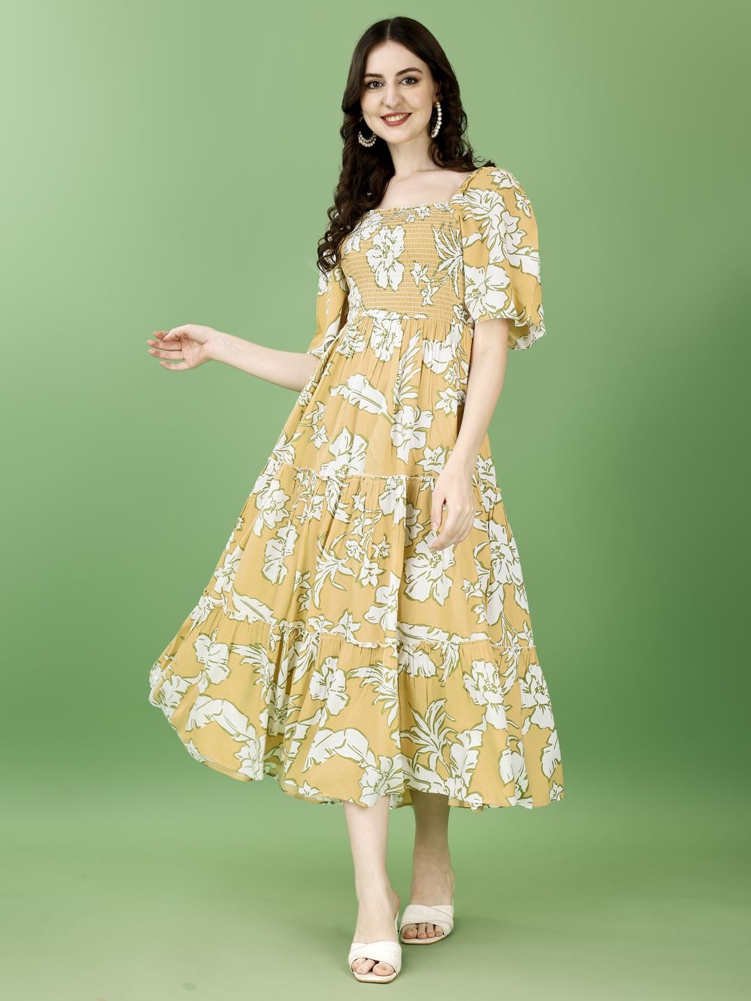 

STARWORD Women Floral Printed Fit & Flare Midi Dress, Yellow