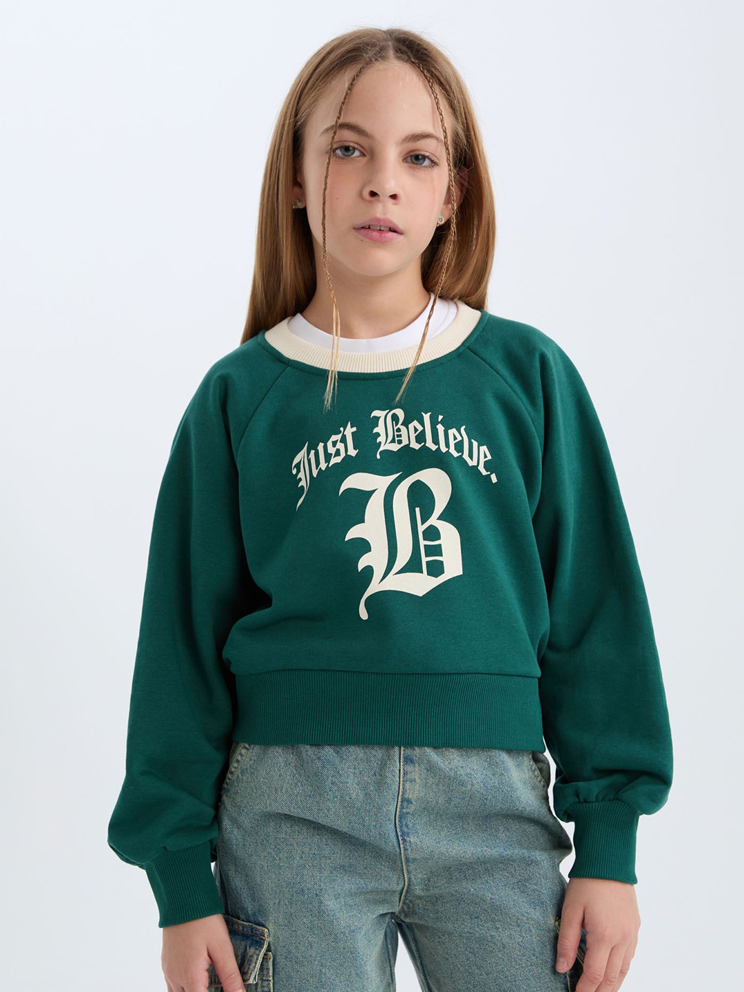 

DeFacto Girls Typography Printed Pullover, Green