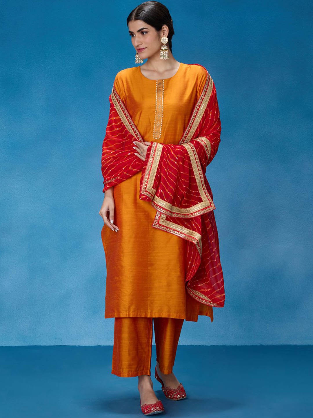 

Likha Women Floral Yoke Design Regular Gotta Patti Kurta with Pyjamas & With Dupatta, Orange