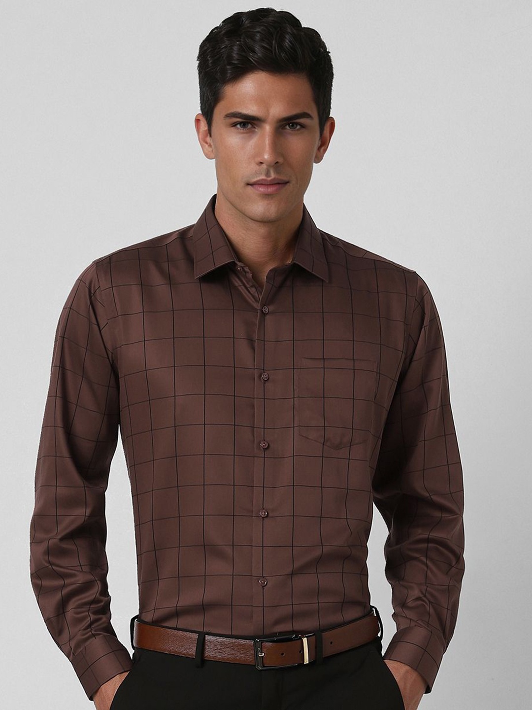 

Van Heusen Men Opaque Checked Formal Shirt, Brown