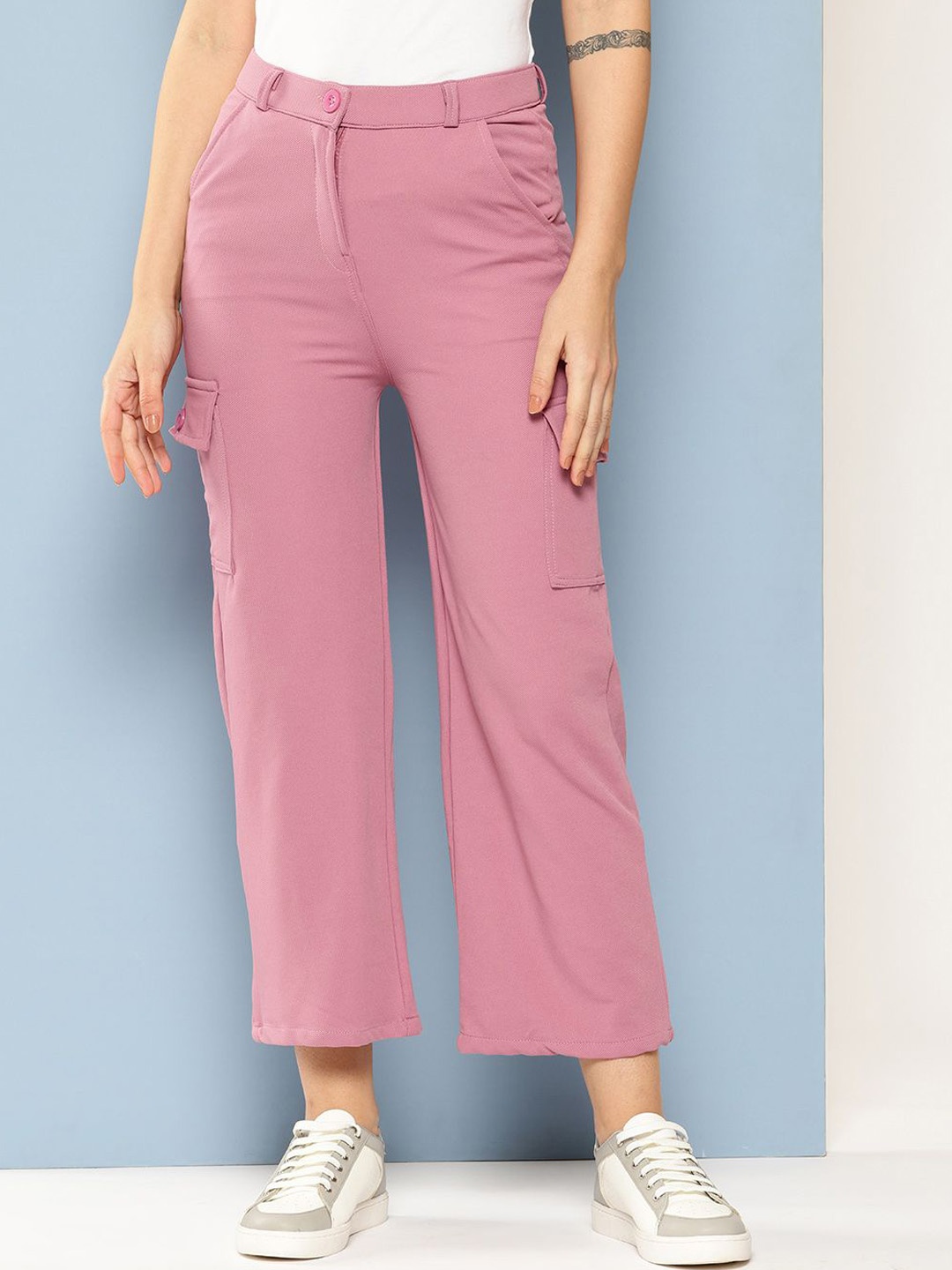 

The Roadster Lifestyle Co Women High-Rise Straight-Fit Cropped Cargo Trousers, Pink