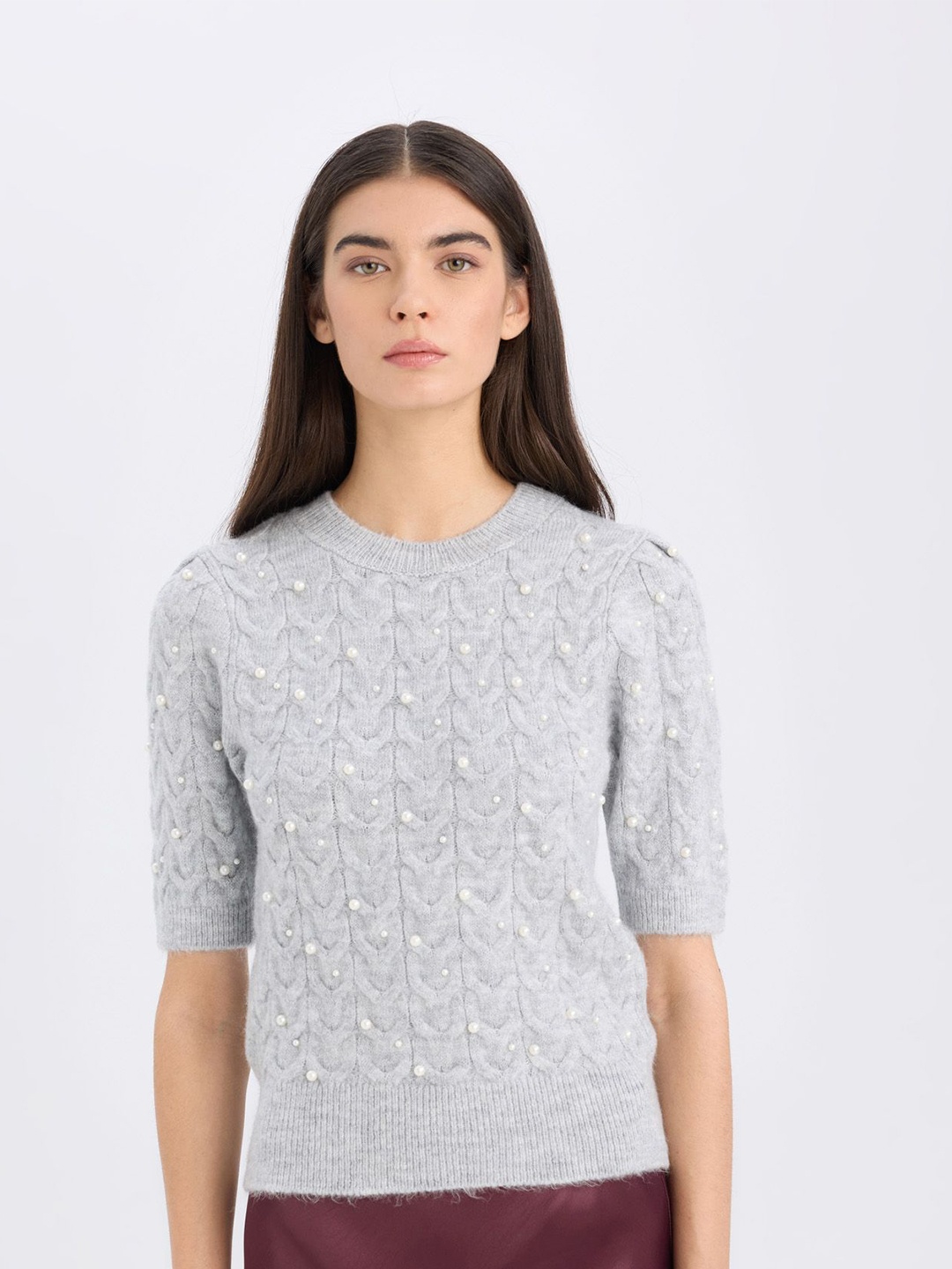

DeFacto Women Cable Knit Pullover with Embellished Detail, Grey