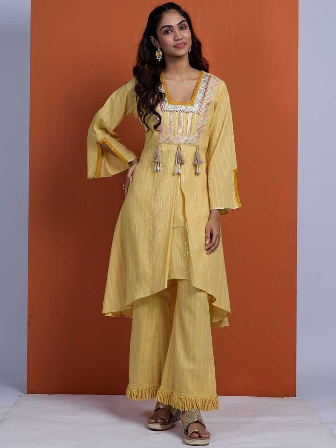 

Label Ishnya Women Embroidered Regular Sequinned Kurta with Palazzos & With Dupatta, Yellow