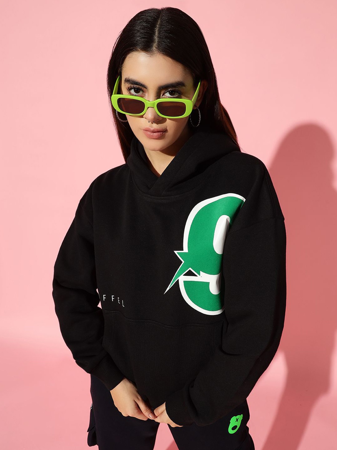 

GRIFFEL Women Printed Hooded Neck Pullover Sweatshirt, Black