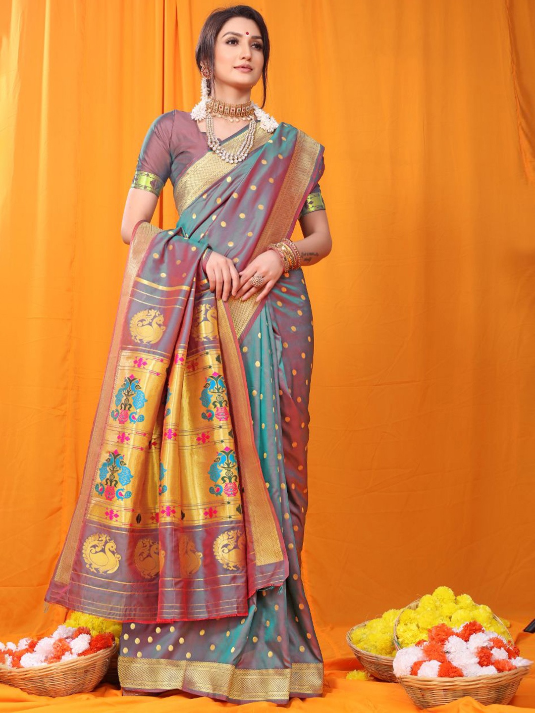 

Royal Rajgharana Saree Woven Design Zari Pure Silk Paithani Sarees, Teal