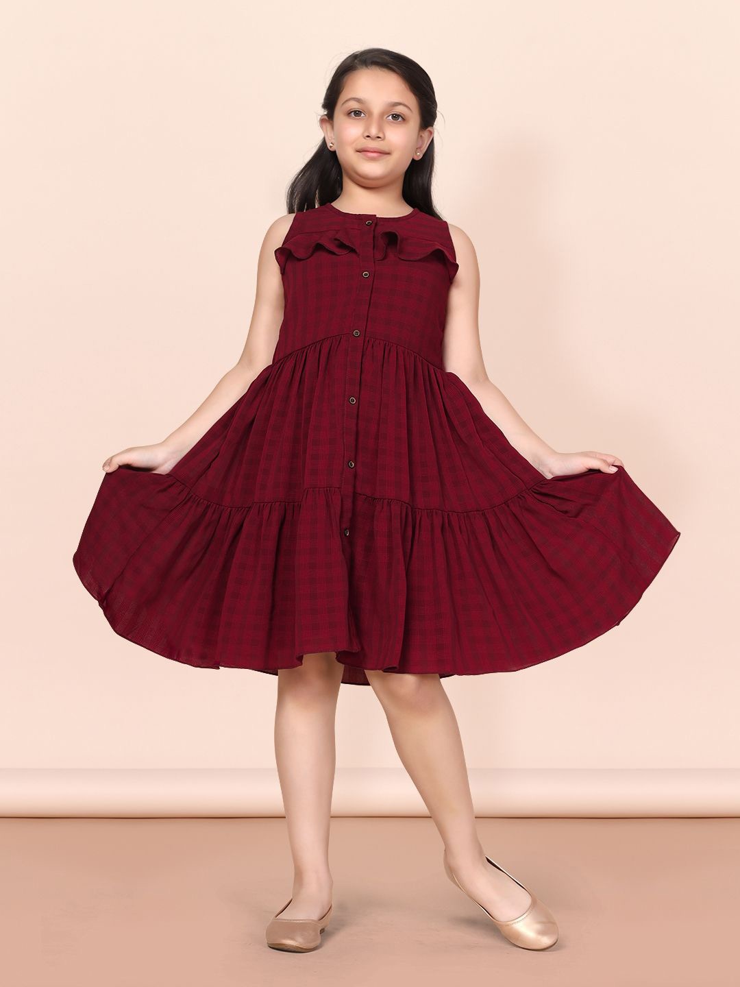 

FASHION DREAM Girls Cotton Solid Round Neck A-Line Dress, Maroon