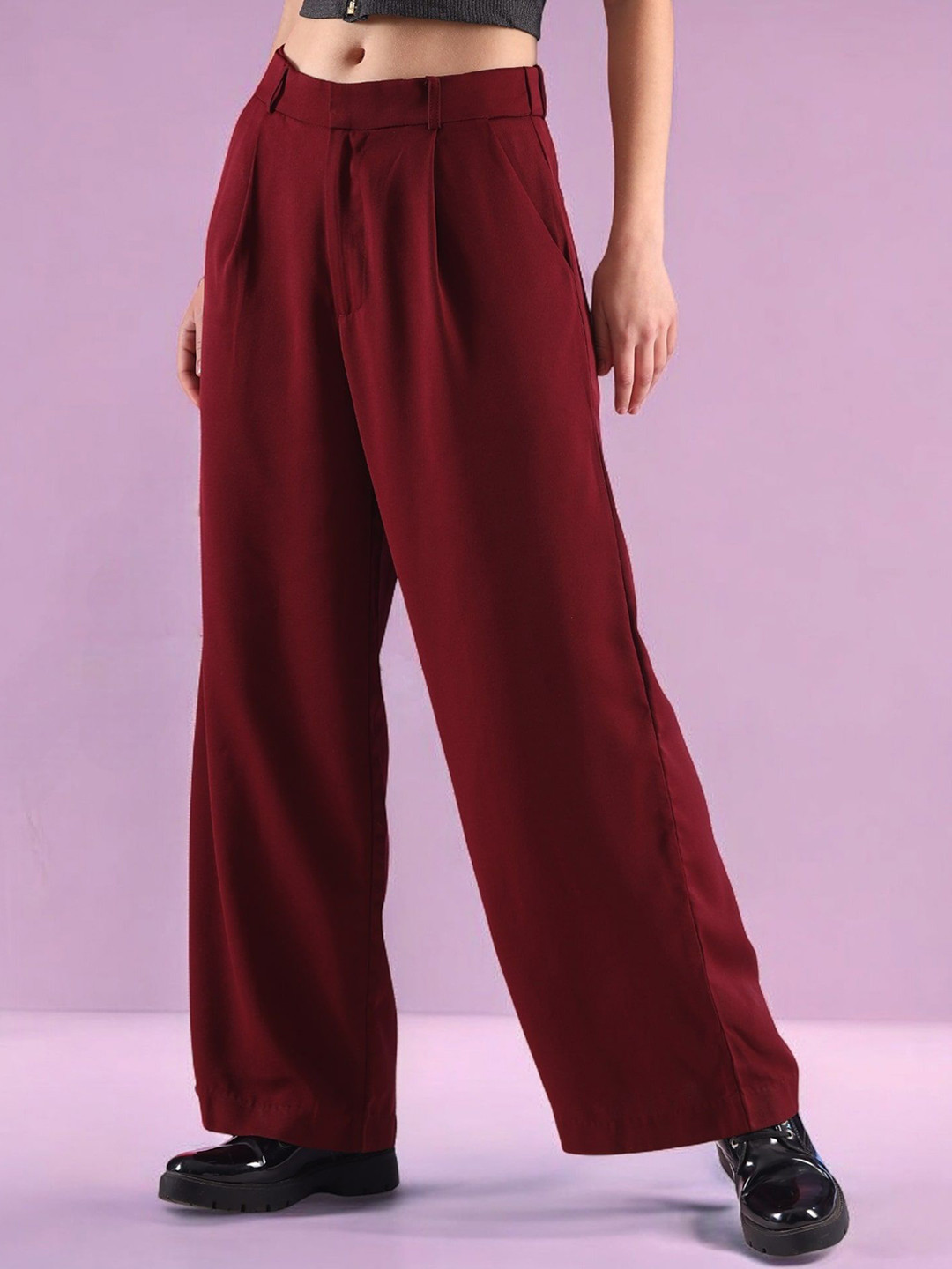 

all about you Women Straight Fit High-Rise Pleated Trousers, Maroon