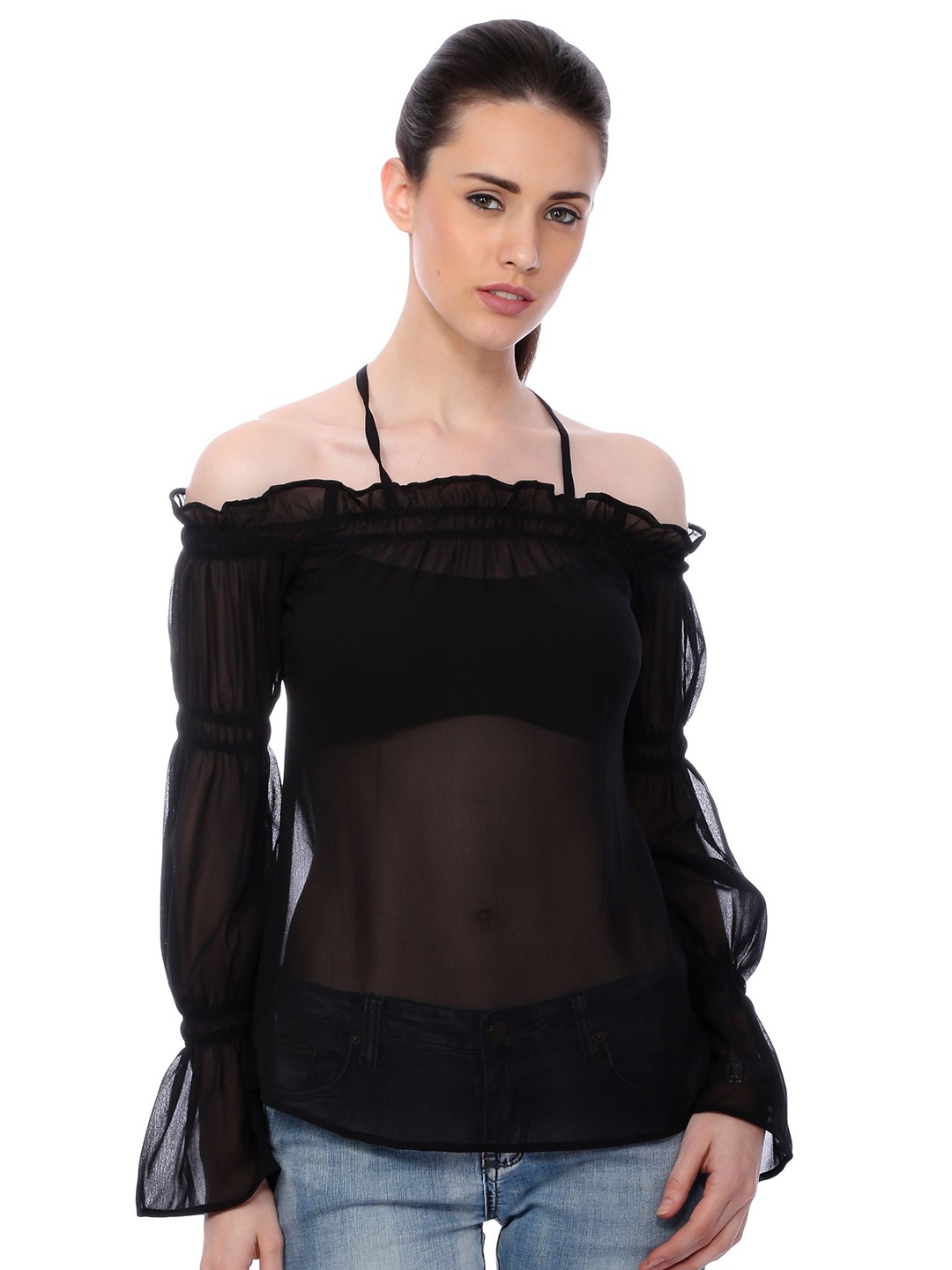

BAESD Off-Shoulder Puff Sleeve Georgette Top, Black