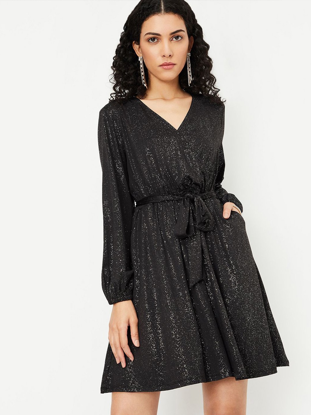 

MAX ALAYA F x URB_N Women Shimmer Wrap Party Dress, Black