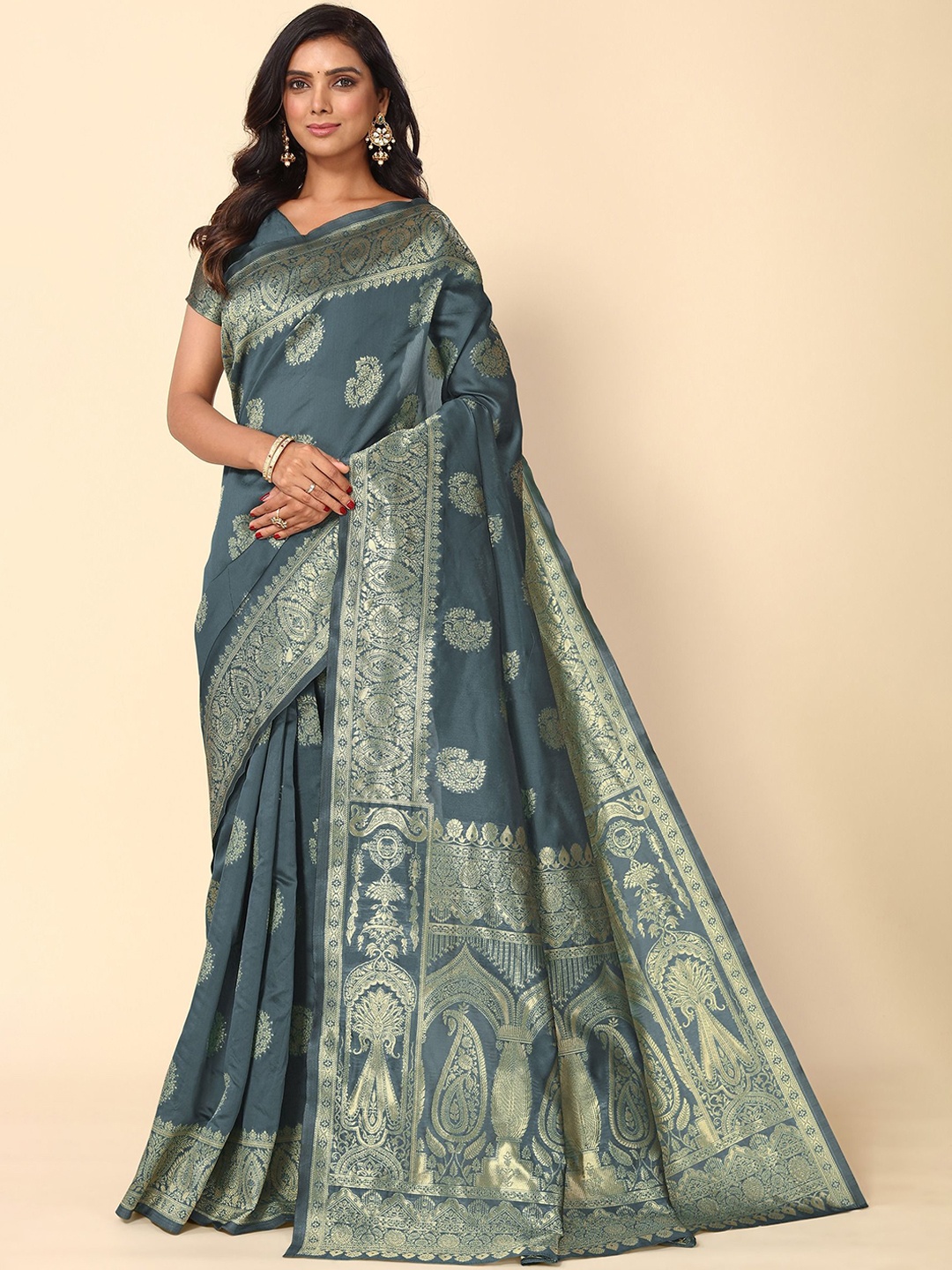 

Subham Ethnic Motifs Zari Banarasi Saree, Grey