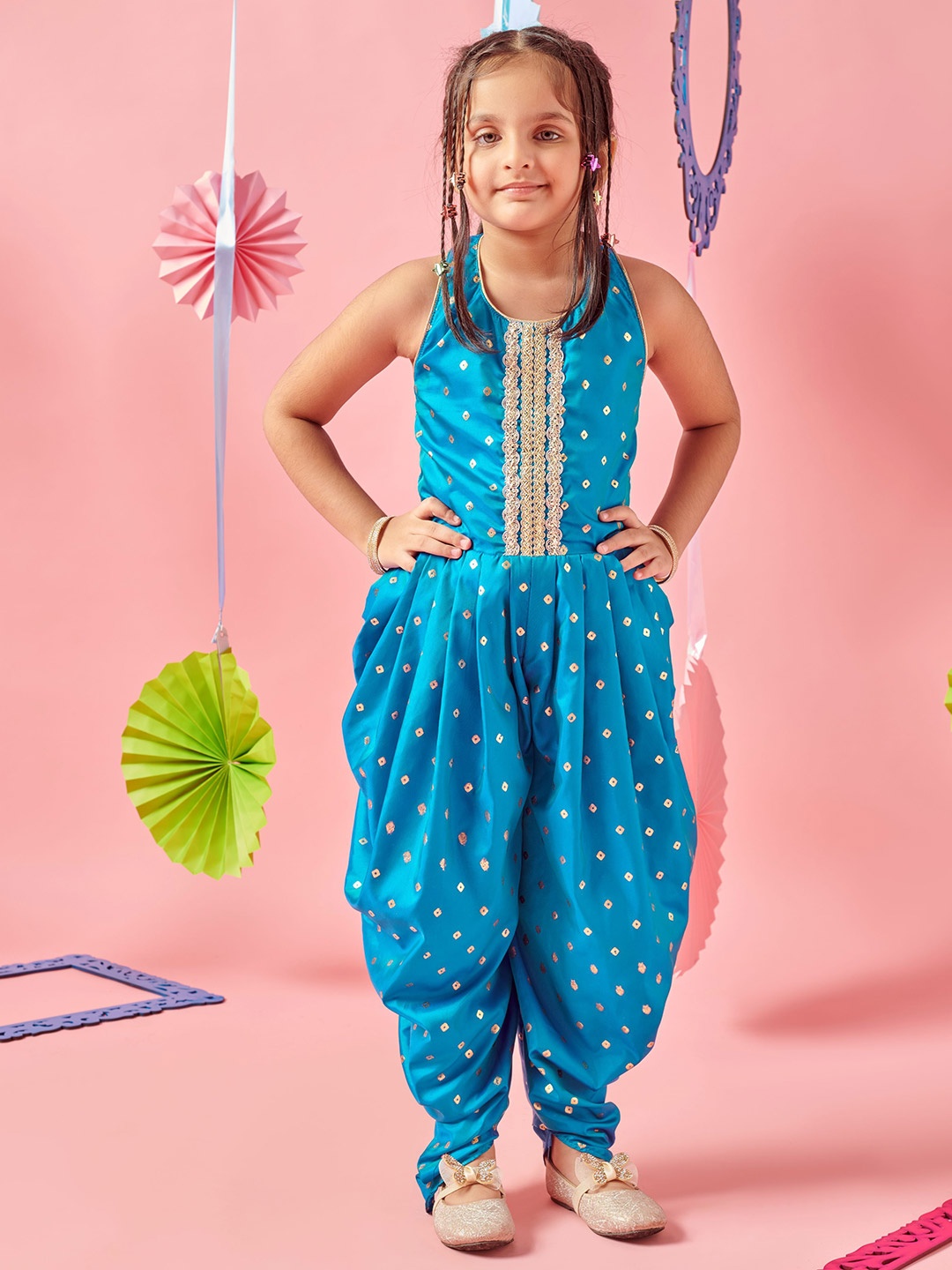 

MASTARANG Girls Foil Print Jumpsuit With Smocked Waist, Blue