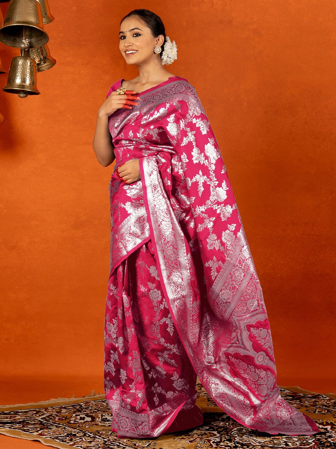 

Subham Women Woven Design Zari Silk Blend Banarasi Saree With Blouse Piece, Pink