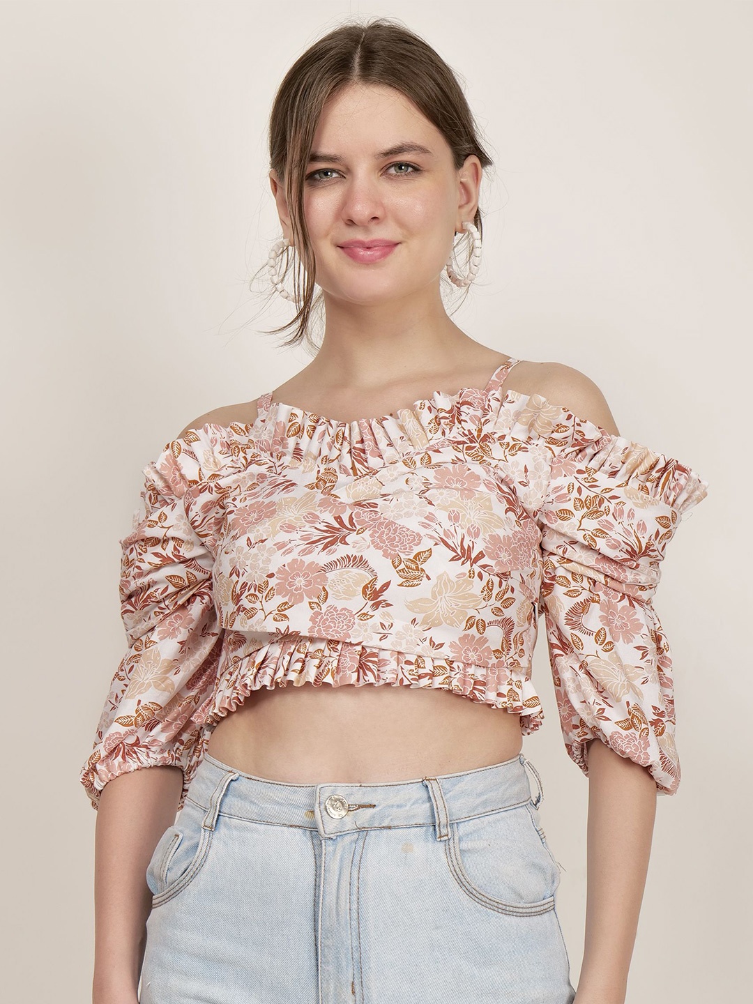 

AUDRAPE Women Floral Printed Pleated Cotton Bardot Top, Off white