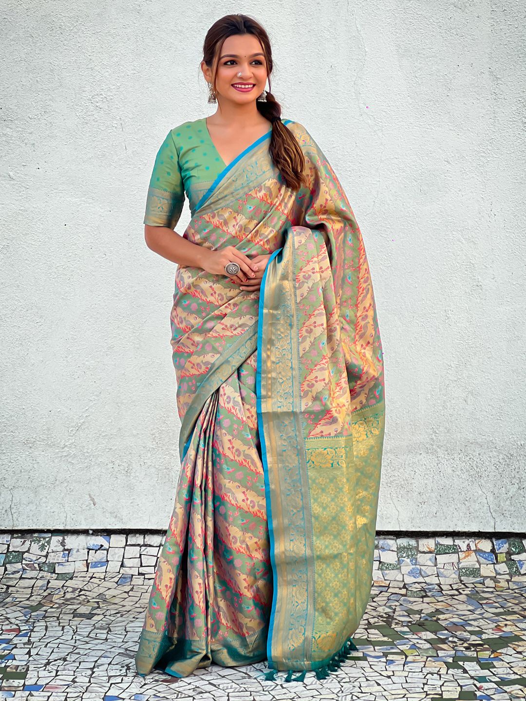 

Mitera Woven Design Zari Dharmavaram Saree, Blue