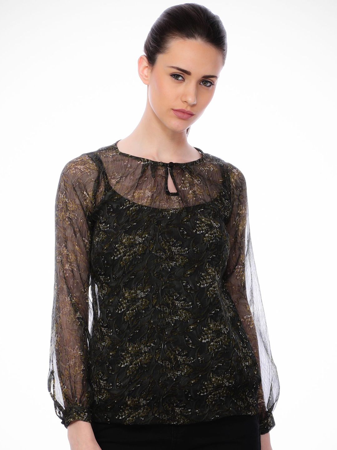 

BAESD Print Puff Sleeve Chiffon Top, Black