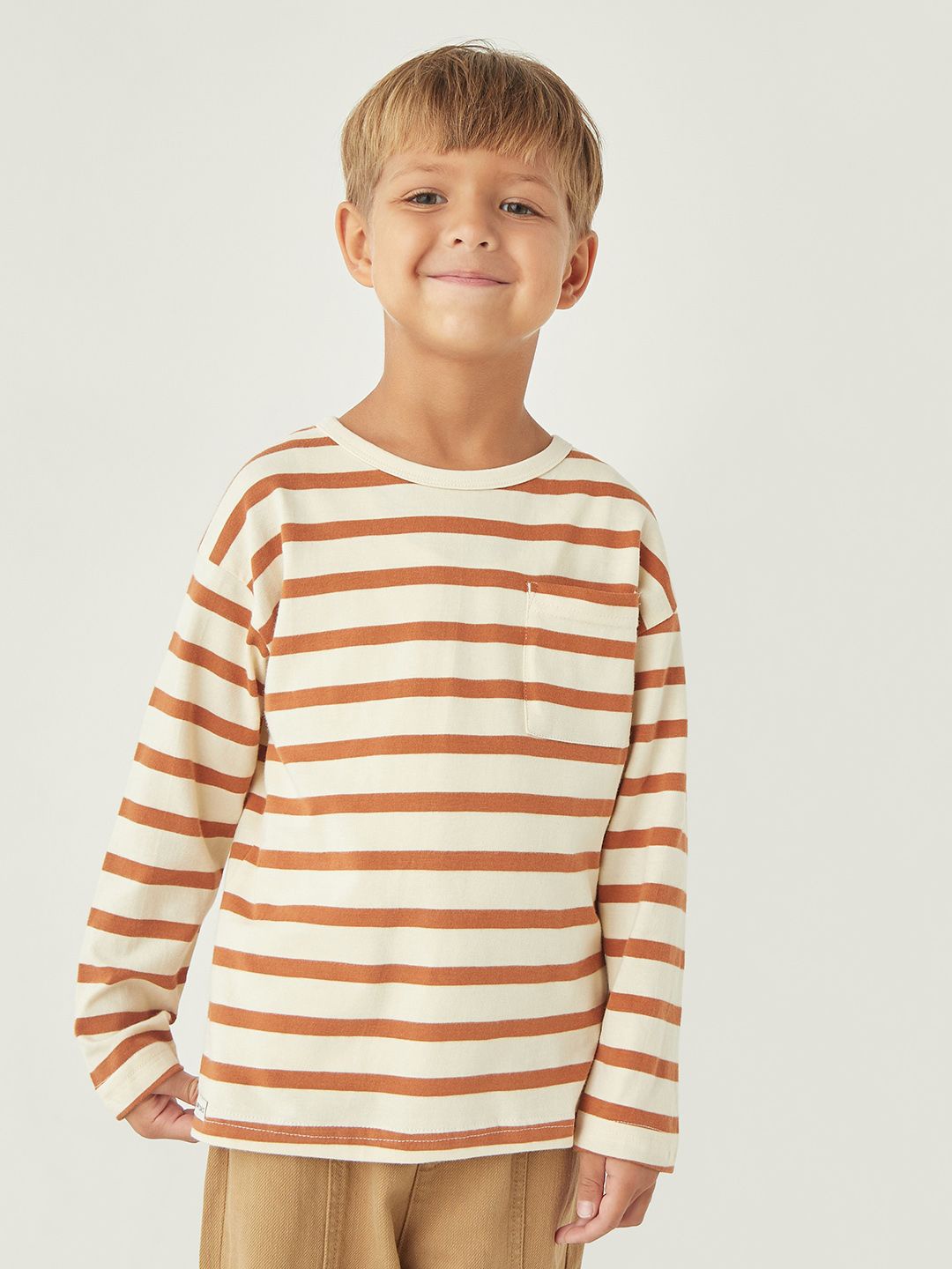 

Juniors by Babyshop Kids Striped Long Sleeves Cotton T-shirt with Chest Pocket, Off white