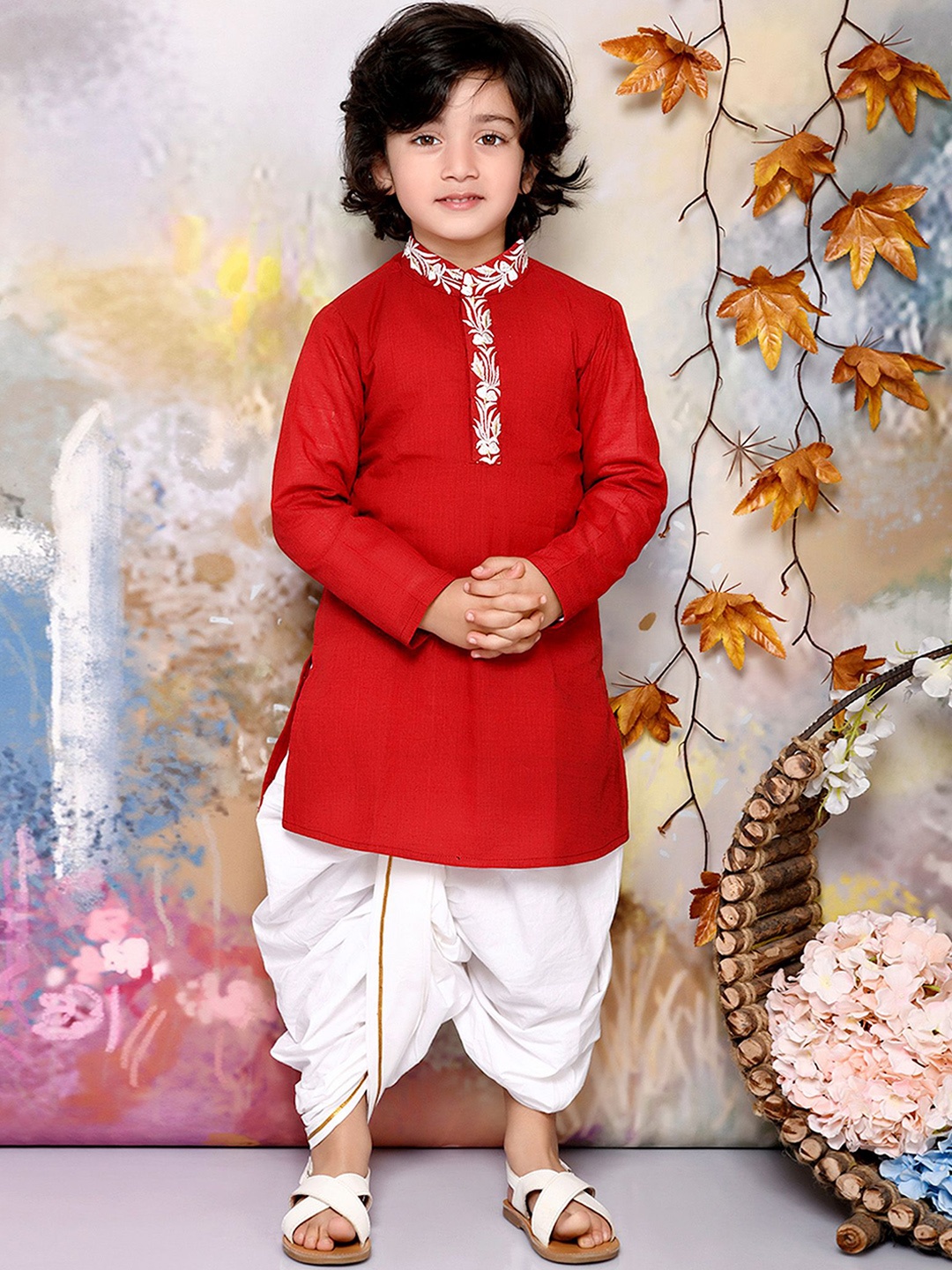 

MUDKID Boys Embroidered Regular Thread Work Pure Cotton Kurta with Dhoti Pants, Maroon