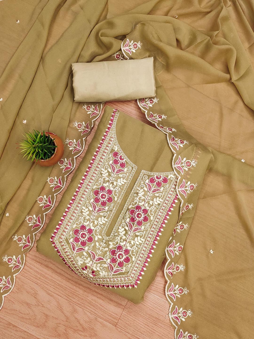 

KALINI Embroidered Silk Georgette Unstitched Dress Material, Beige