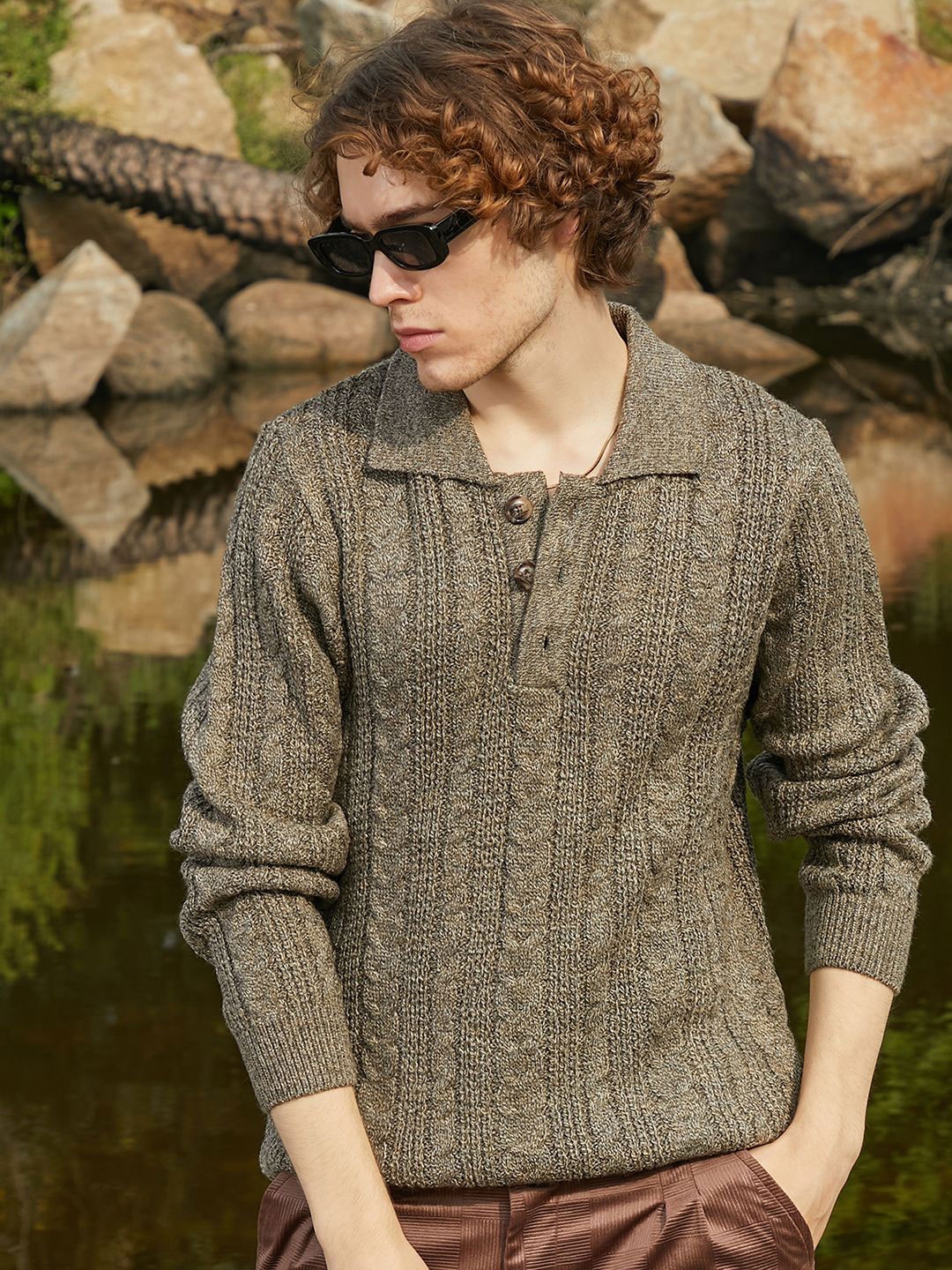 

Campus Sutra Men Cable Knit Lapel Collar Pullover Sweaters, Green