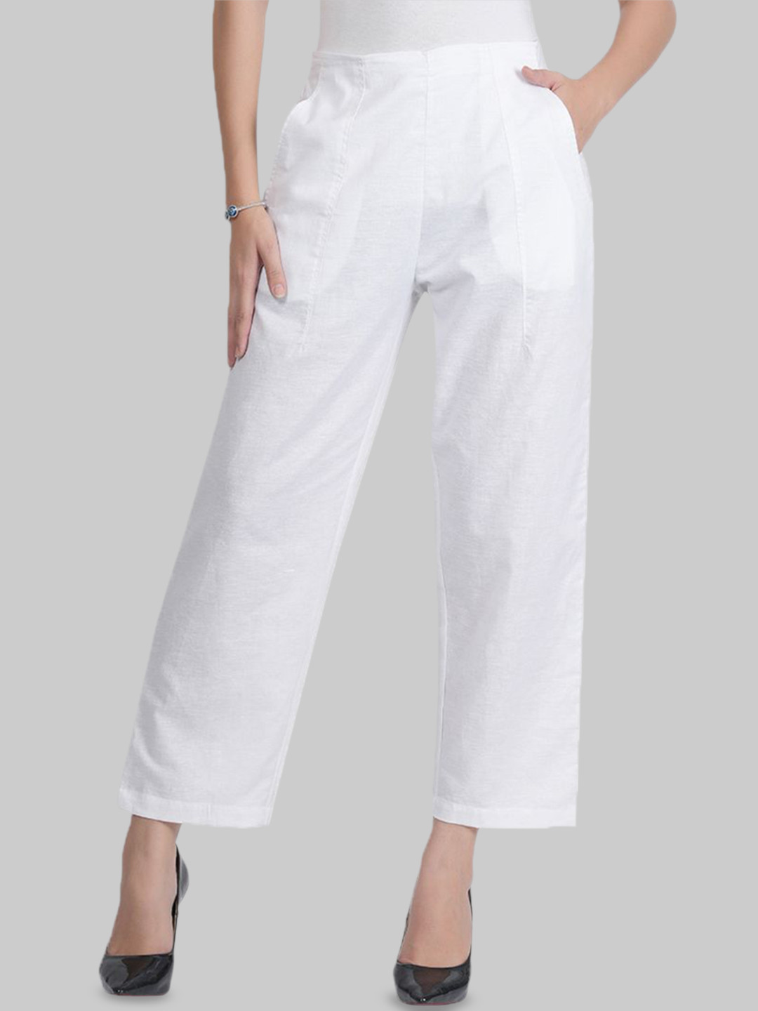 

Style Shoes Women High-Rise Linen Trousers, White