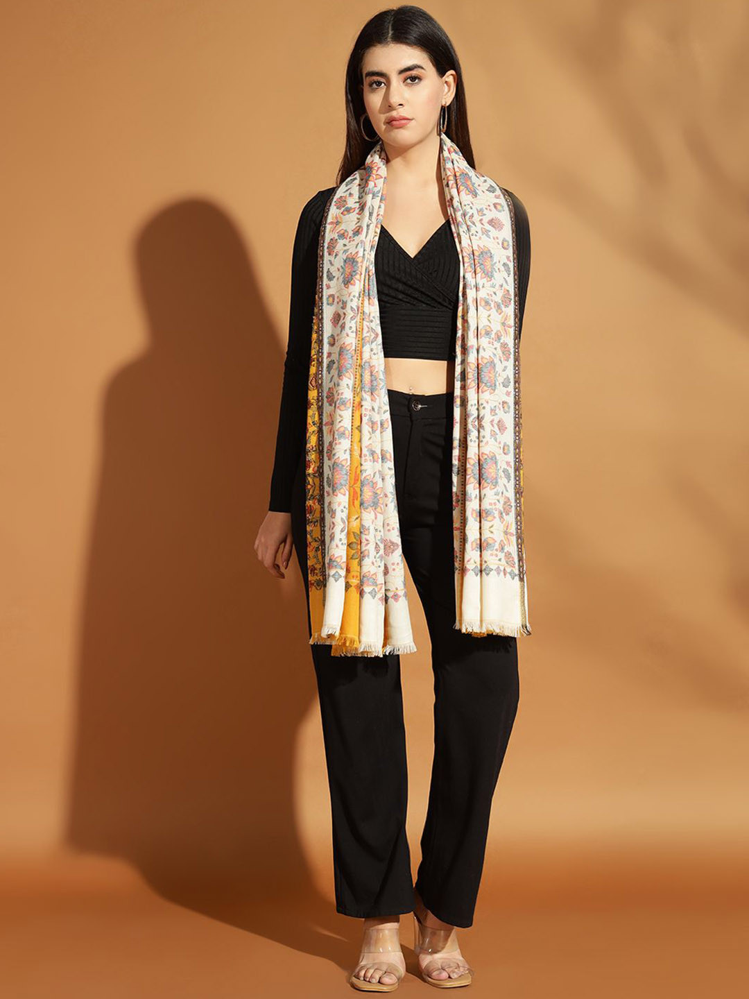 

Zamour Women Floral Woven Design Shawl, White