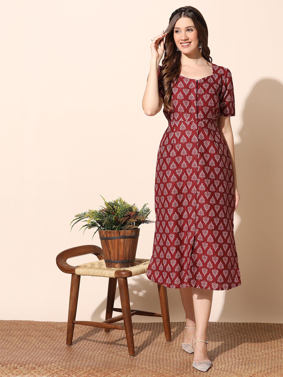 

FASHION DREAM Ethnic Motifs Print A-Line Midi Dress, Maroon