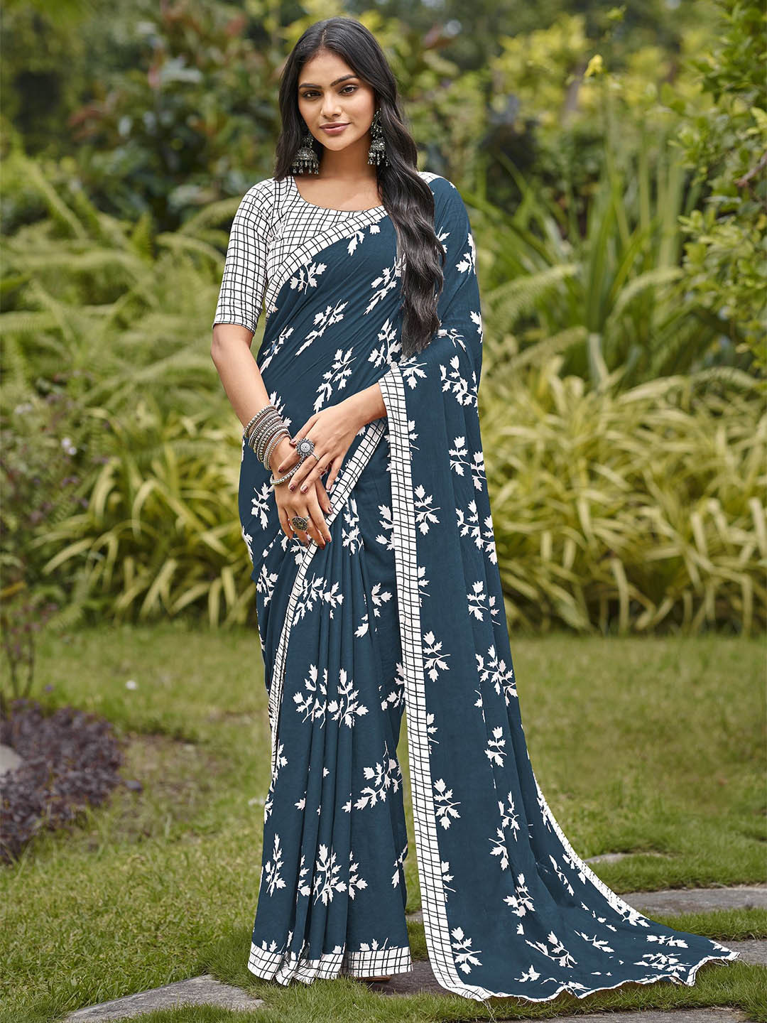 

HERE&NOW Ethnic Motifs Printed Pure Cotton Bhagalpuri Saree, Blue