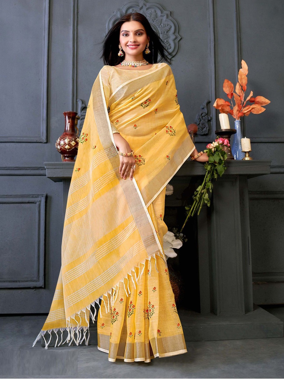 

MAHALASA Ethnic Motifs Embroidered Designer Chanderi Saree, Yellow