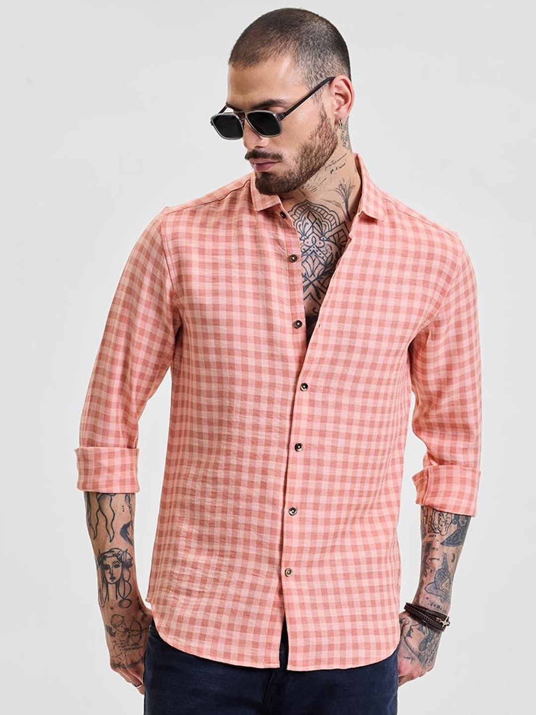 

Snitch Men Smart Slim Fit Opaque Checked Casual Shirt, Peach