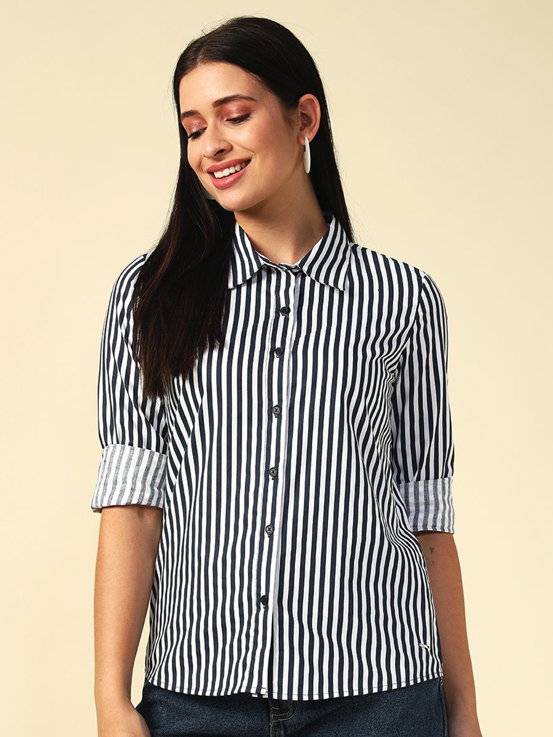 

Beatnik Women Classic Multi Stripes Opaque Striped Casual Shirt, Navy blue