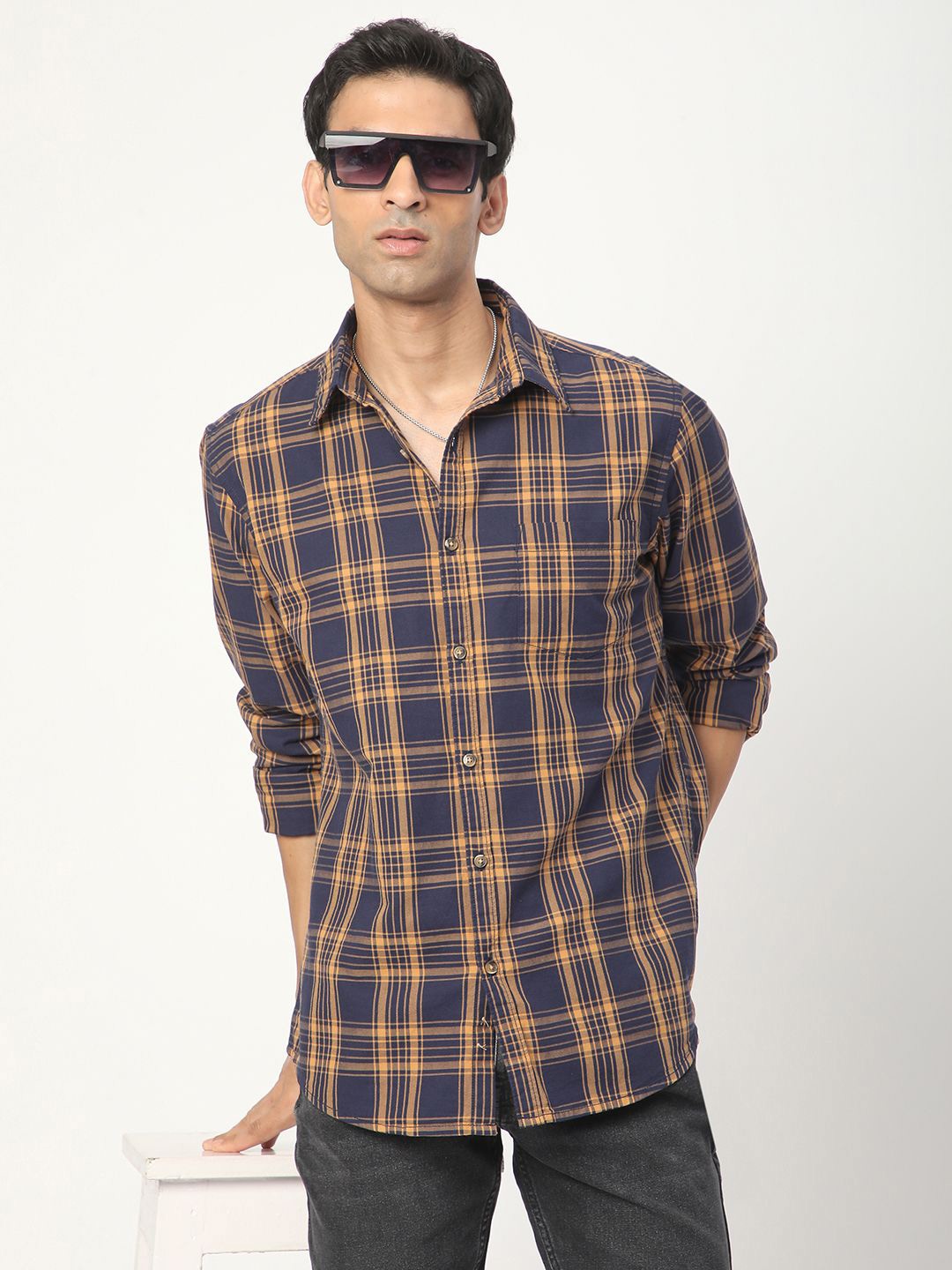 

R&B Men Tartan Checks Opaque Checked Casual Shirt, Blue