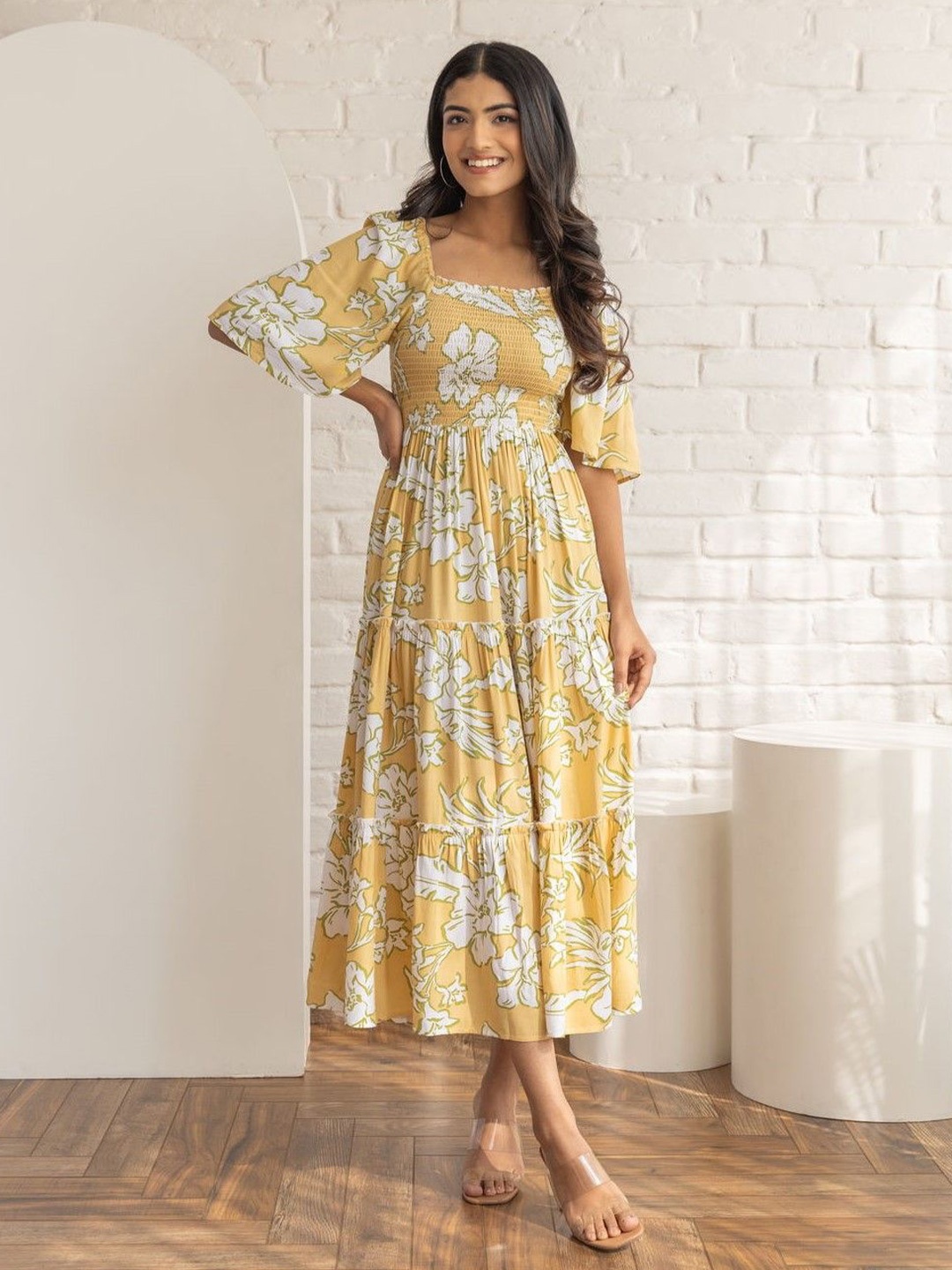 

STARWORD Women Floral Printed Tiered Smocked Fit & Flare Dress, Yellow