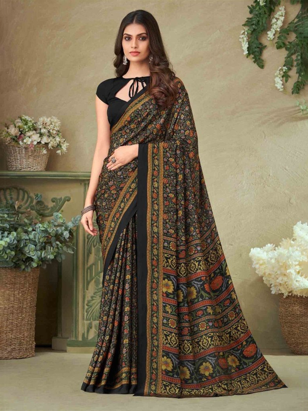 

Reboot Fashions Ethnic Motifs Printed Pure Crepe Saree, Black