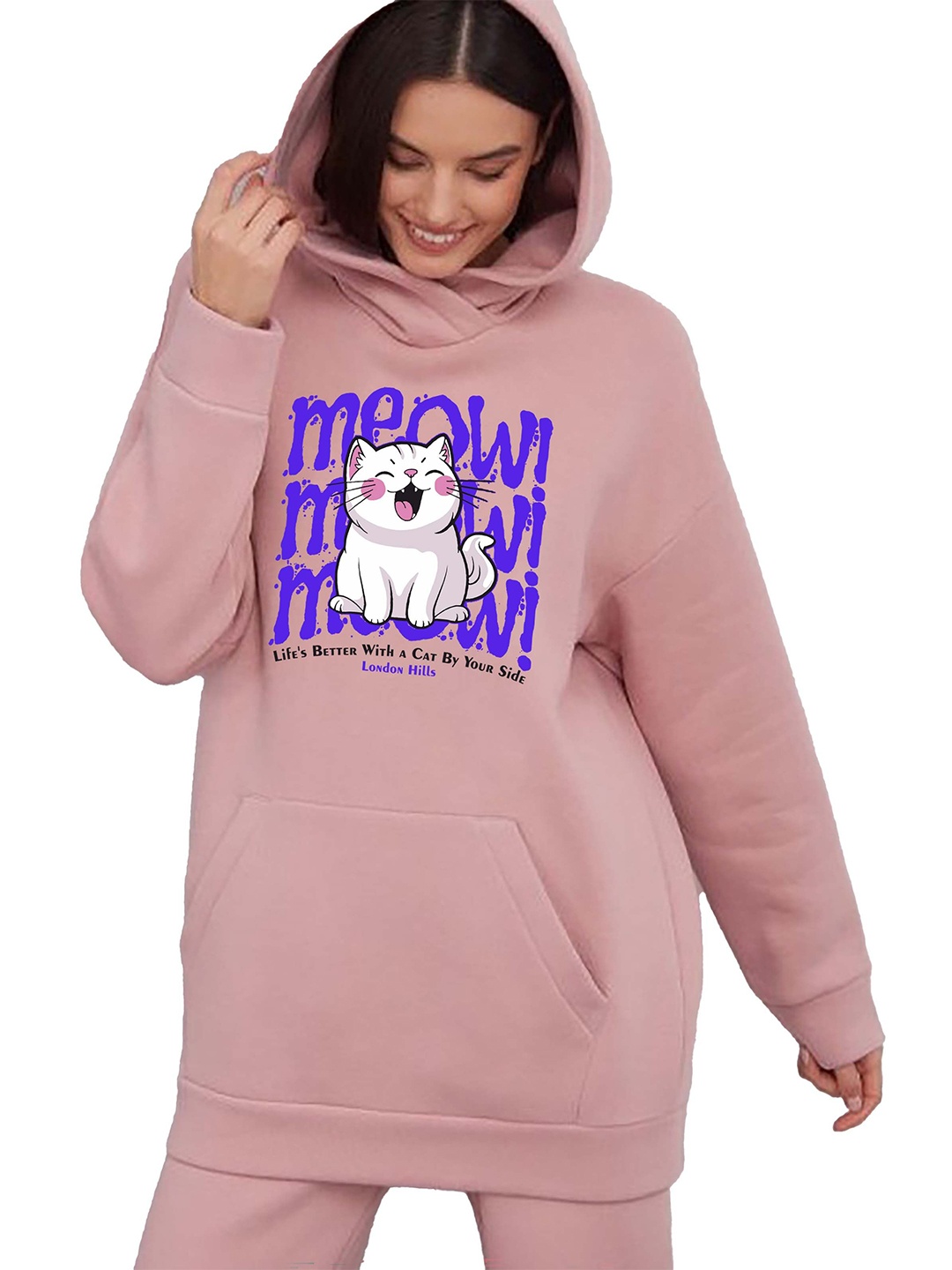 

London Hills Women Printed Hooded Sweatshirt, Pink