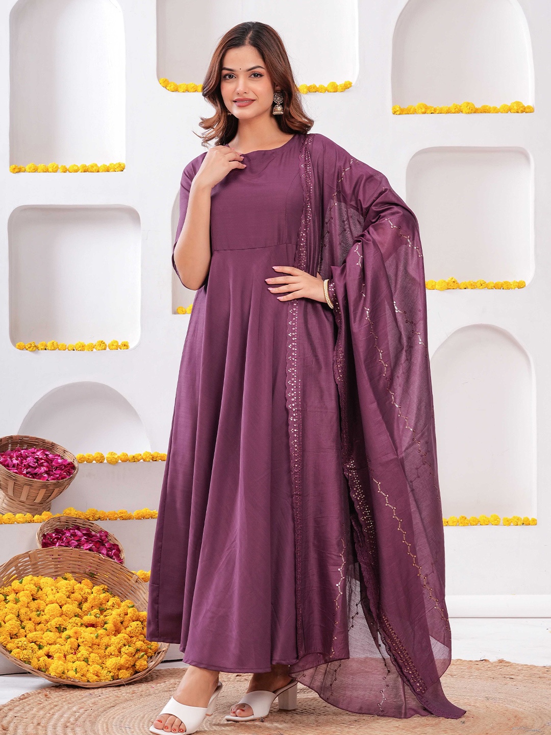 

Nayo Fit & Flare Dress with Embroidered Dupatta, Purple