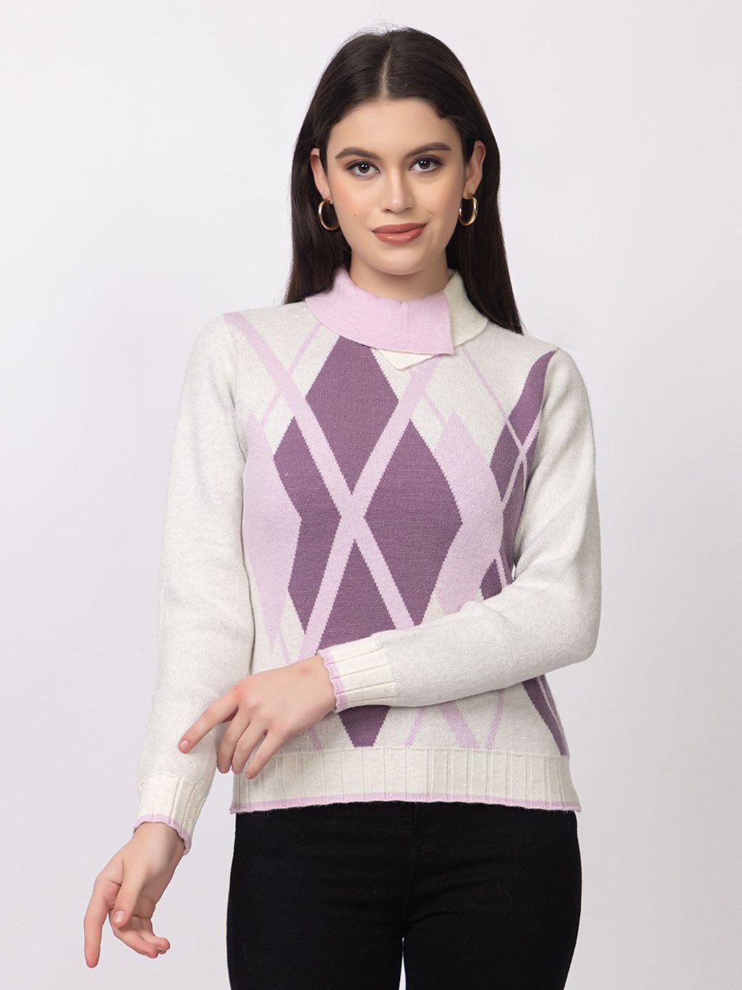 

Lory Women Geometric Printed Woollen Pullover, Purple