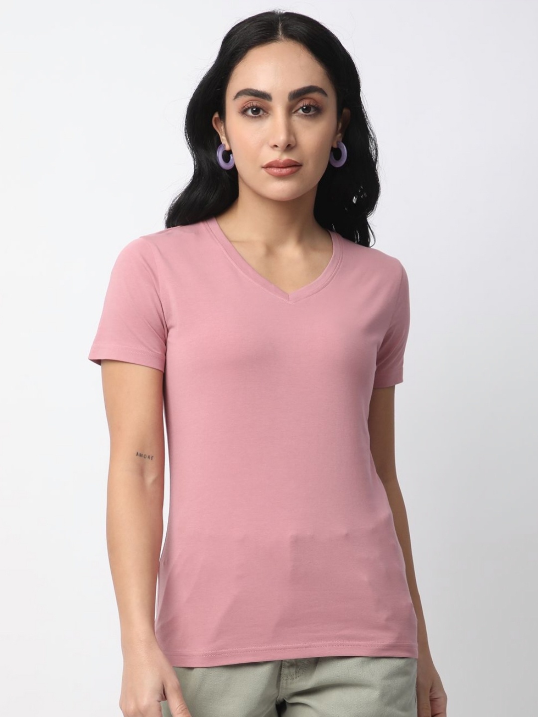

R&B Women V-Neck Extended Sleeves Pockets T-shirt, Pink