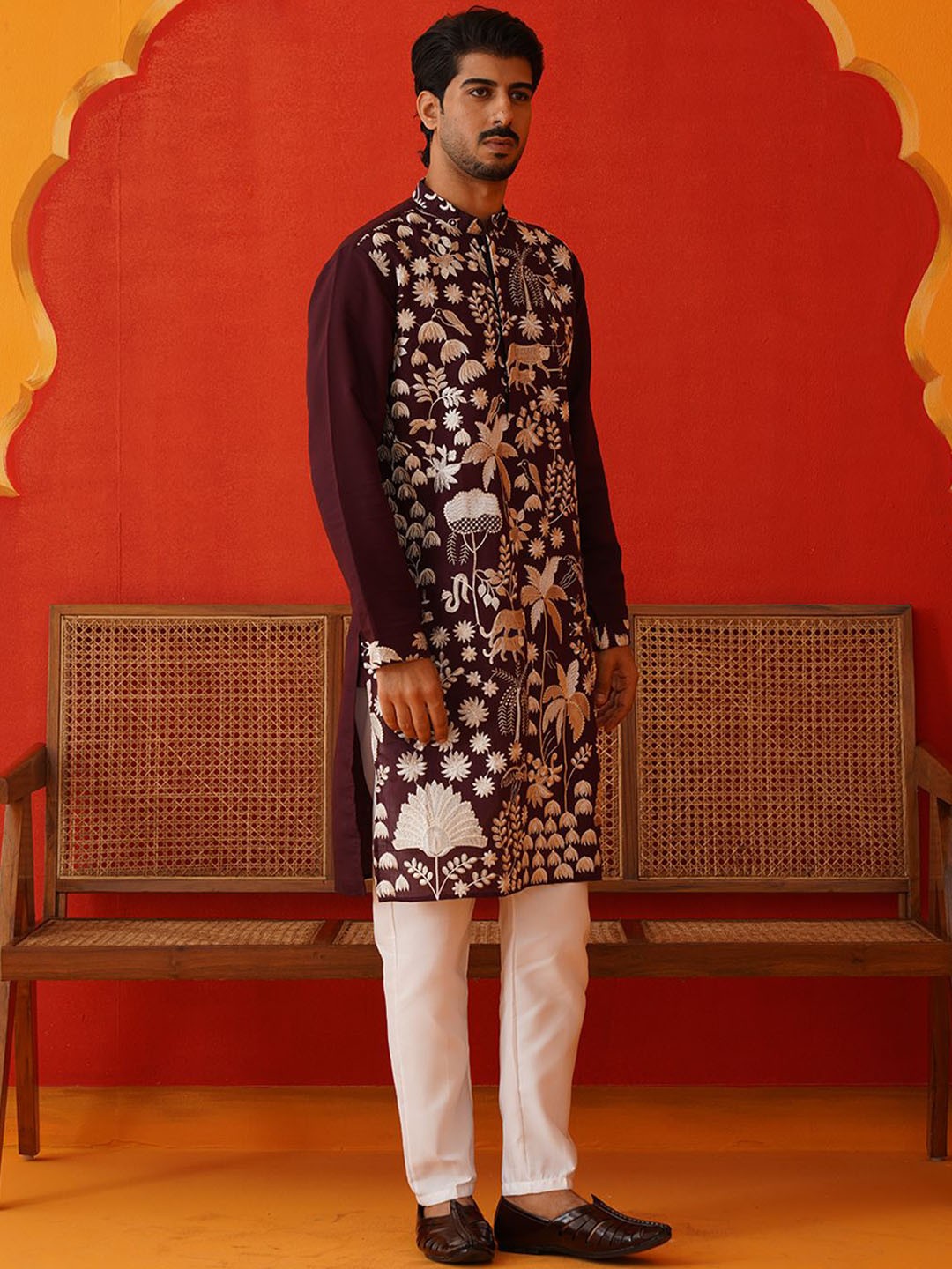 

Jompers Men Floral Embroidered Regular Chikankari Kurta with Pyjamas, Purple