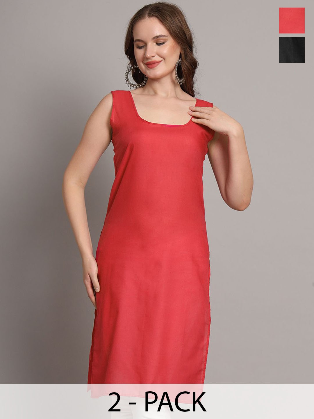 

The Chikan Label Pack Of 2 Scoop Neck Cotton Longline Side Slits Slips, Coral