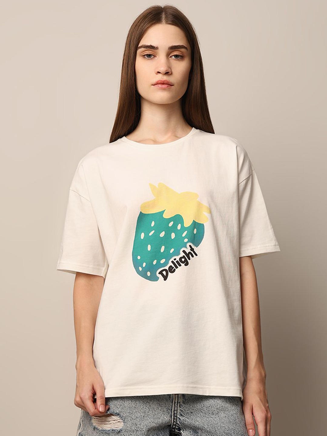 

ONLY Women Printed Drop-Shoulder Sleeves T-shirt, White