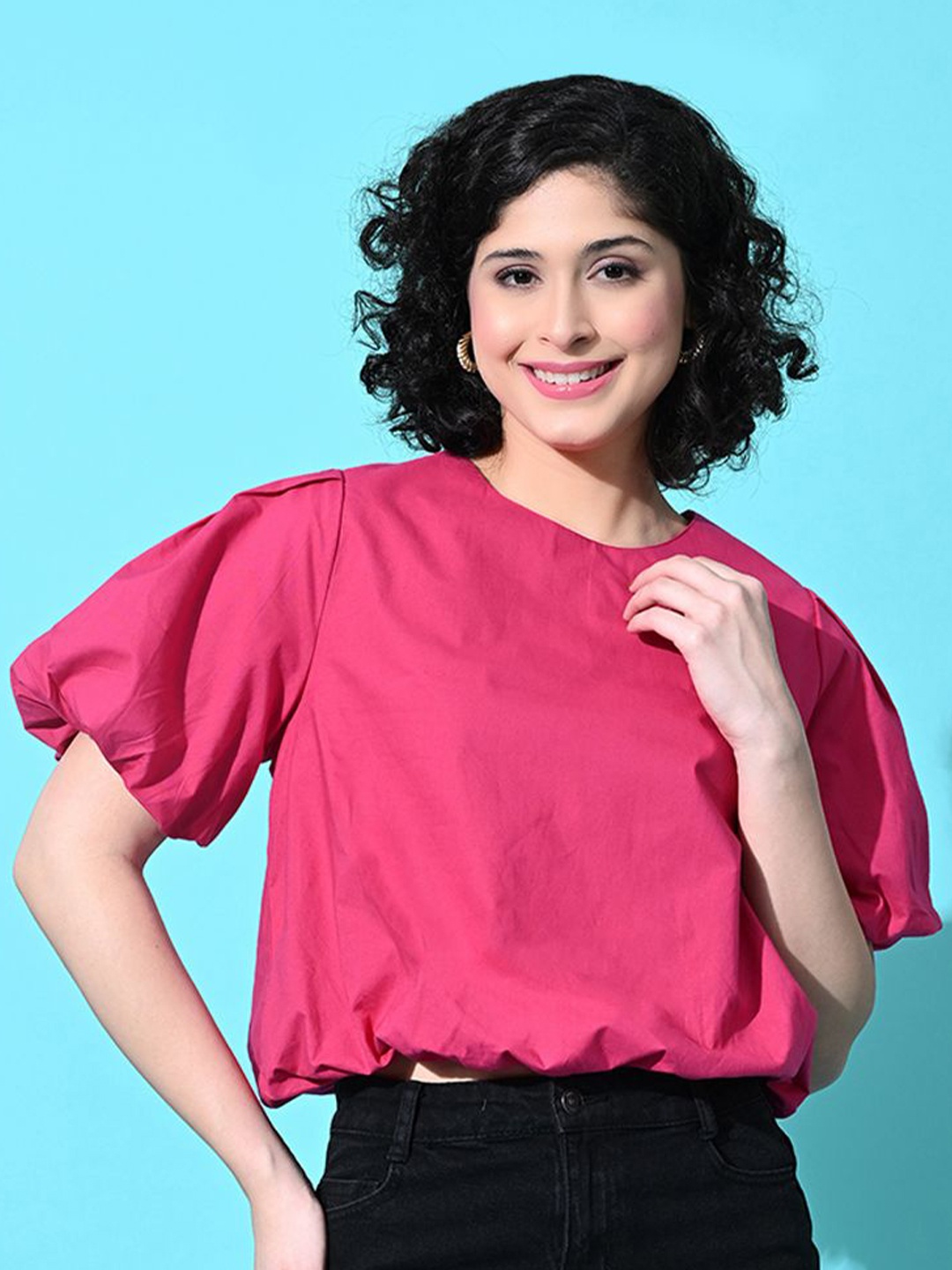 

all about you Women Puff Sleeve Blouson Top, Pink