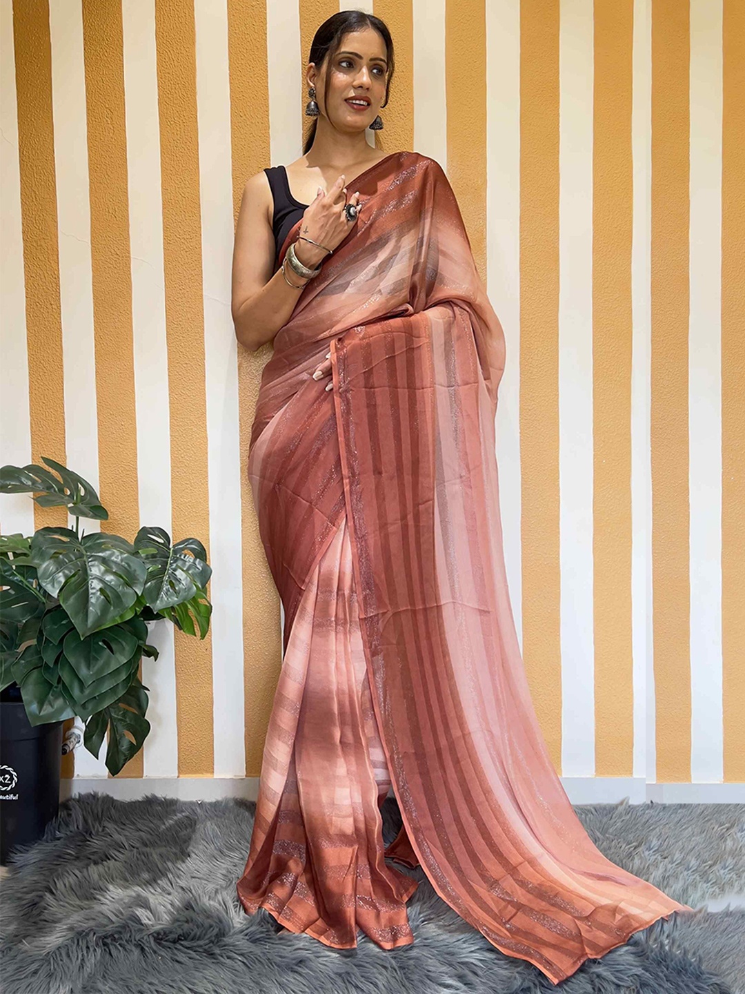 

HERE&NOW Striped Poly Georgette Saree, Rust