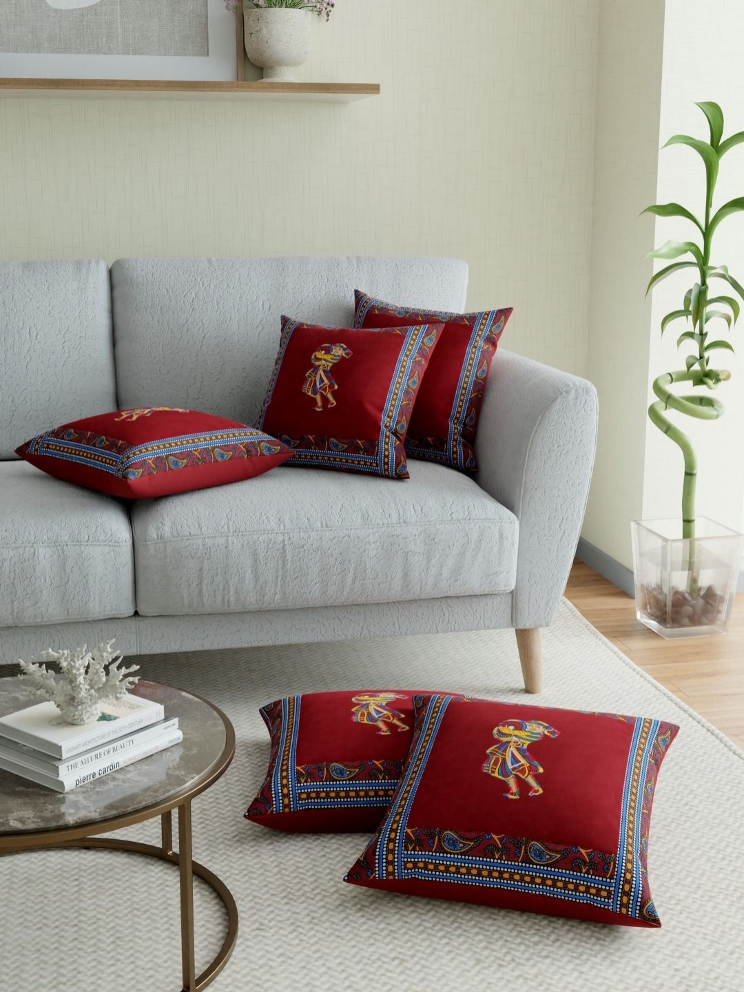 

BED-SHEET.COM Maroon Floral Square Cushion Covers