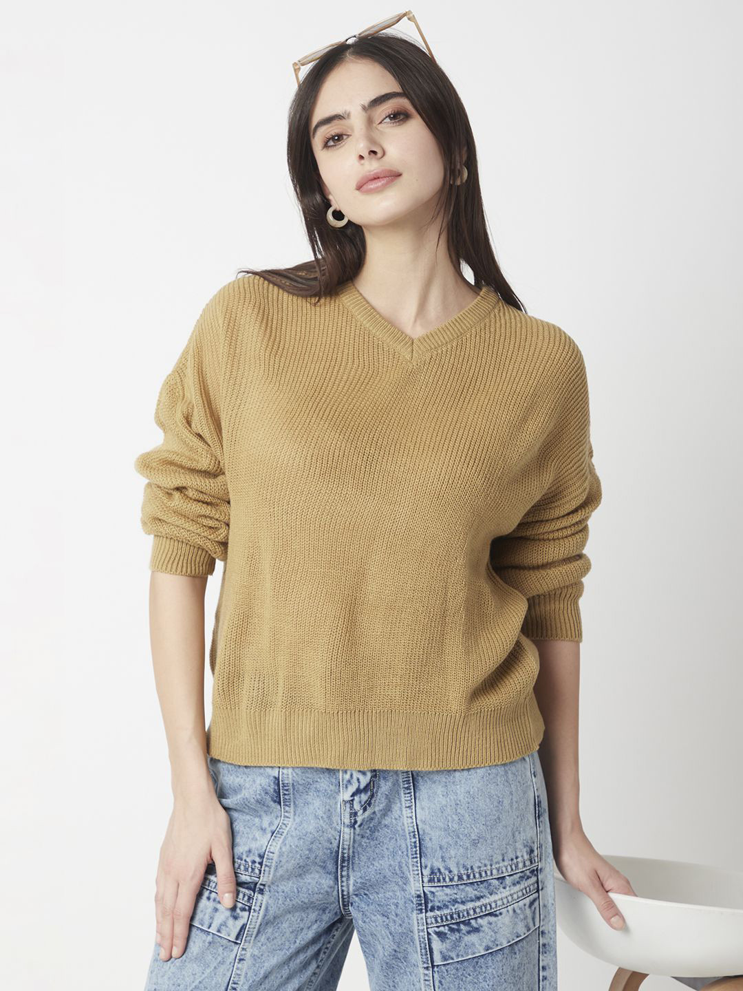 

R&B Women Self Design V-Neck Long Sleeves Pullover, Beige