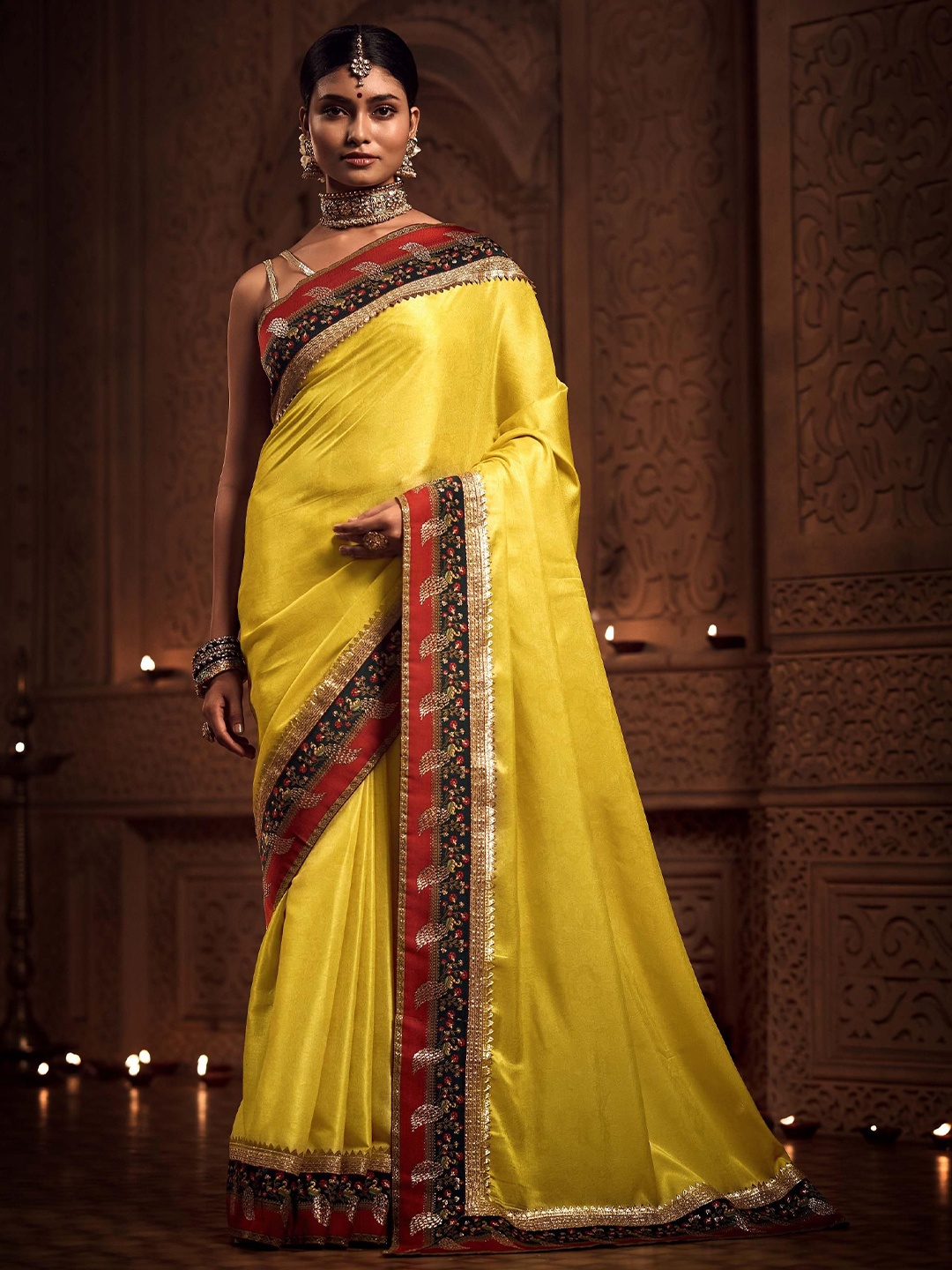 

House of Deepthi Embellished Zardozi Tussar Saree, Yellow