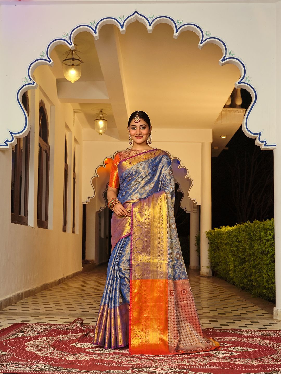

JUST FASHION Women Woven Design Zari Banarasi Saree With Blouse Piece, Blue